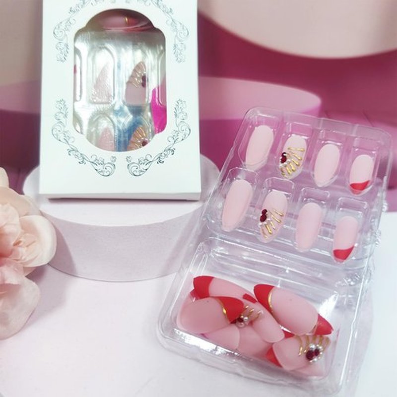 AROVFAM 3D Gold Curve Line 24Pcs Medium Almond Acrylic Matte Red French Tips Stick on Nails Crystal Gel Glue on Nails for Coquette Women Girls