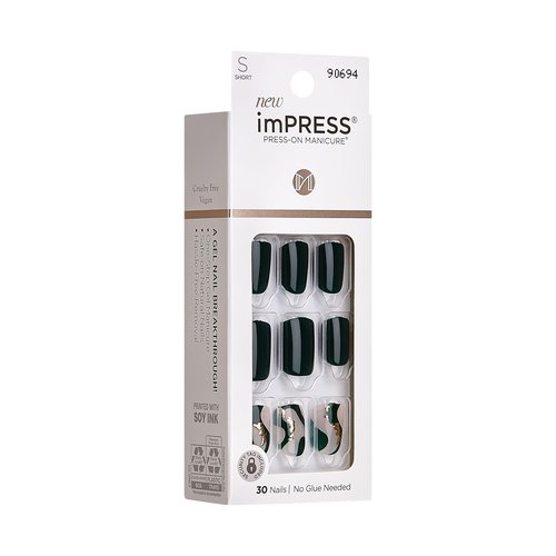 KISS imPRESS Press-On Manicure Fake Nails, Time Lapse - Short Length, Squoval Shape, Polish-Free Dark Green Gold Design Mani, Includes Prep Pad, Mini File, Manicure Stick, and 30 Fake Nails
