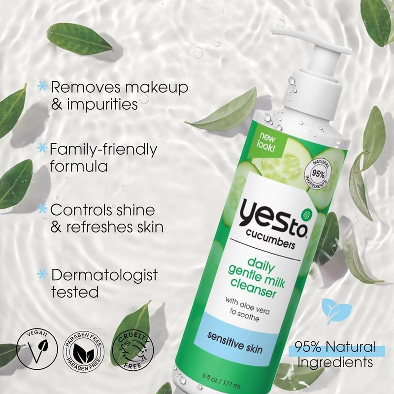 Yes To Cucumbers Daily Gentle Milk Cleanser - Soothing Face Wash with Cucumber Extract & Green Tea | 6 Fl Oz