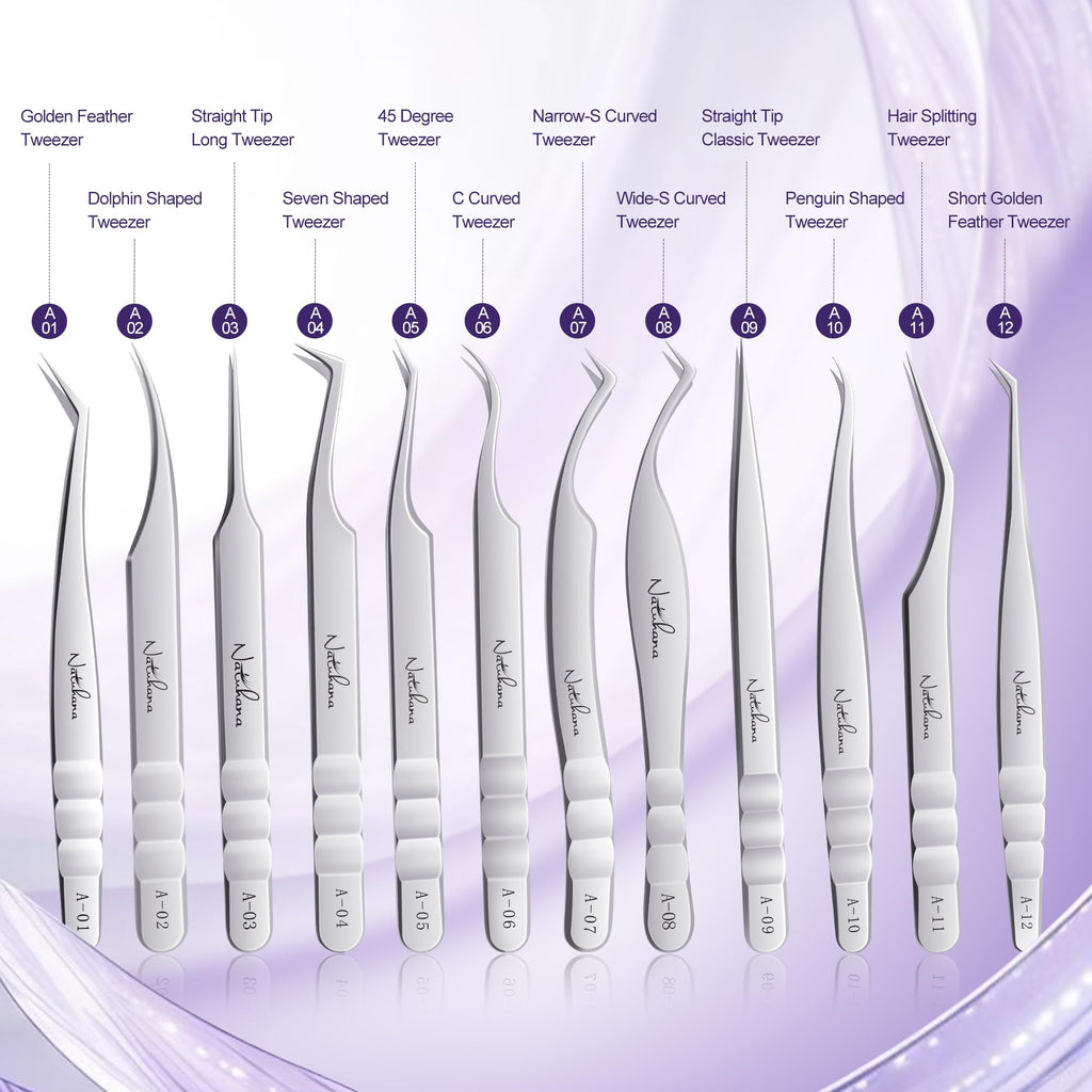 Natuhana High Precision Lash Tweezers for Individual and Volume Eyelash Extensions Pointed Premium Stainless Steel Curved Fiber Tip Professional Isolation Tweezer(Wide-S Curved Tip Tweezer A-08)