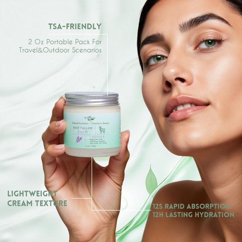 Dr.Herbarius Beef Tallow for Skin—Whipped Tallow Face Moisturizer for Night Calming & Soothing, 100% Organic, Pure Natural, Handmade Cream Texture, Suitable for Oily&Mature Skin, Lavender, 2 Oz.