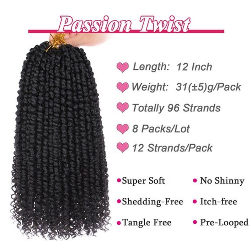 Leeven 8 Packs Pre twisted Passion Twist Crochet Hair for Black Women 12 Inch Synthetic Natural Black Passion Twist Hair With Curly Ends Pre-looped Goddess Passion Twists Braiding hair Extensions 1B#