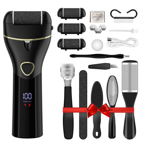 Electric Foot Callus Remover Rechargeable - 12 in 1 Pedicure Kit with 3 Rollers, Portable Foot File Scrubber for Dead Skin Removal, Waterproof & Painless, Home Foot Care Tool (Black)