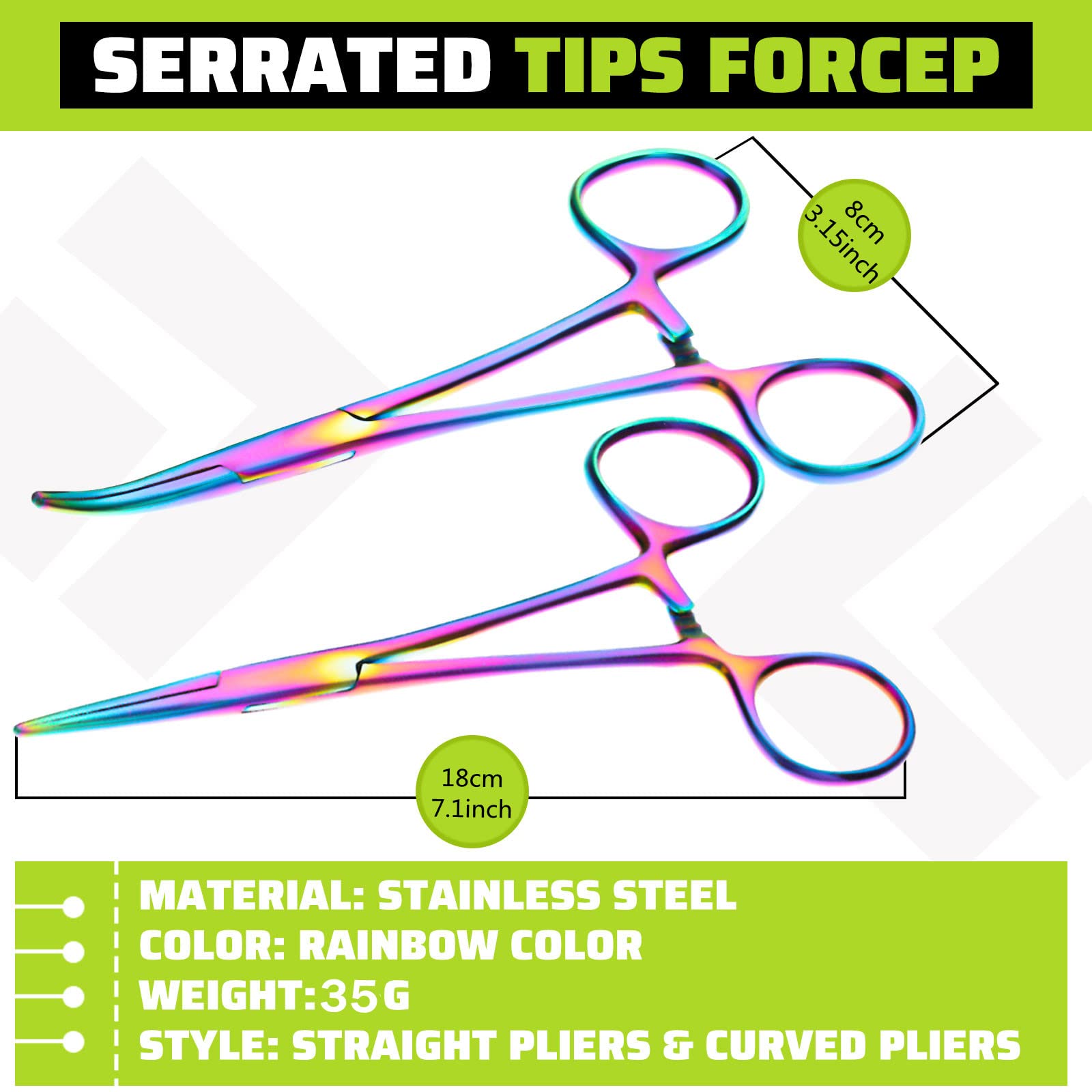 BBTO 2 Pieces Hemostat Curved and Straight Rainbow Hemostat Forceps Piercing Pliers Forceps, 7.1 Inch Stainless Steel Straight and Curved Pliers, Fishing Tweezer