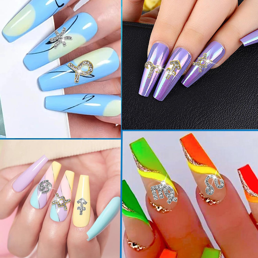 YECIRALA 48 Pcs Gold and Silver Zodiac Nail Charms 4 Set 3D Zodiac Sign Nail Rhinestones Charms for Women Nails Jewelry Zodiac Charms for Nails Design Jewelry Making Charms Nail Art Decorations Gems