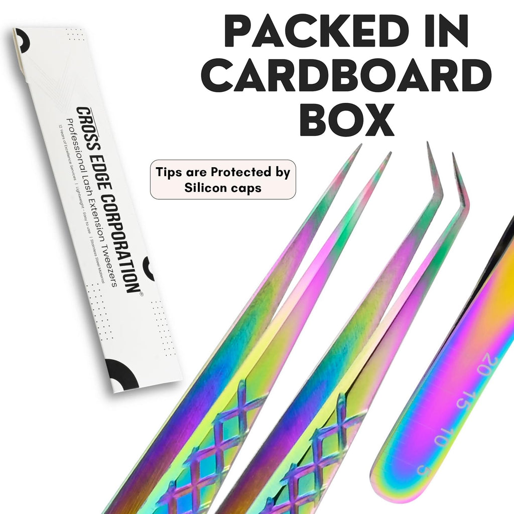 2pcs Curved & Straight Isolation Tweezers for Eyelash Extensions – 14cm Japanese Stainless Steel, Diamond Grip Non Slip Grip, Rainbow Set, Best for Classic & Individual Lashes