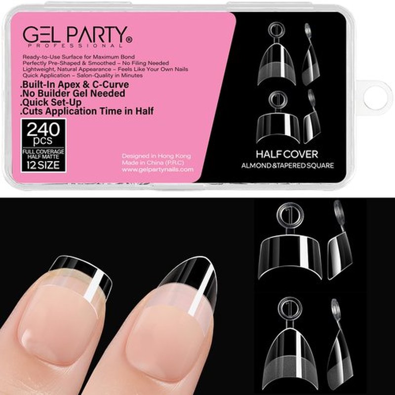 GELPARTY Soft Gel Half Cover Nail Tips - 240pcs Pre-Buffed Matte French Tips - No Filing Needed - Clear False Nails for Acrylic & Gel Extensions (12 Sizes)