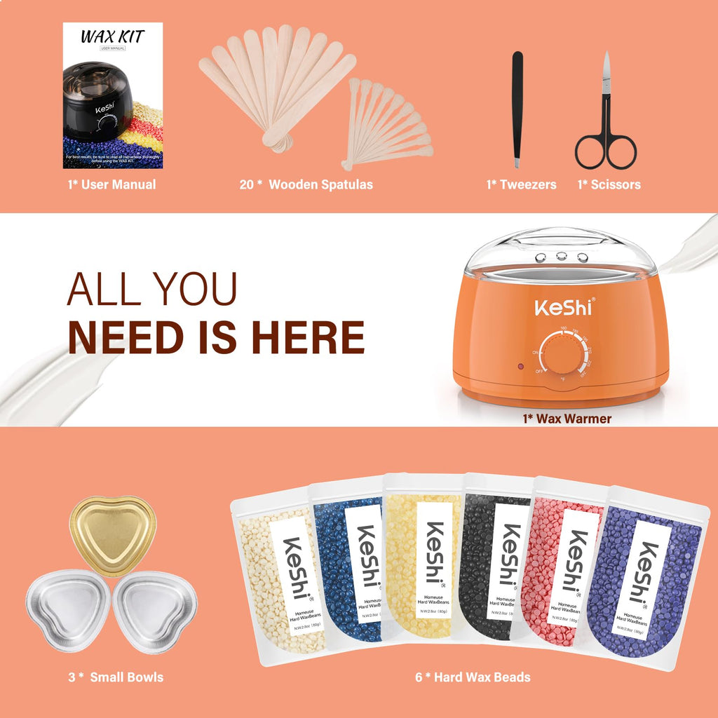 KeShi Waxing Kit, Painless Hair Removal Wax Warmer with 6 Bags Hard WaxBeans for Full Body, Legs, Face, Eyebrows & Bikini— Ideal for Both Women & Men(Orange)