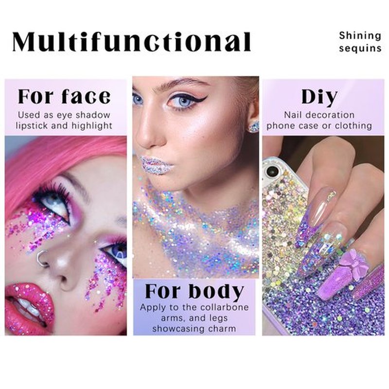 HOSAILY 2 Colors Roll-on Body Glitter Gel, Holographic Glitter Gel Under Light for Face Hair, Body Shimmer for Rave Accessories Christmas New Year Halloween Makeup (Golden Ocean+Neon Violet)