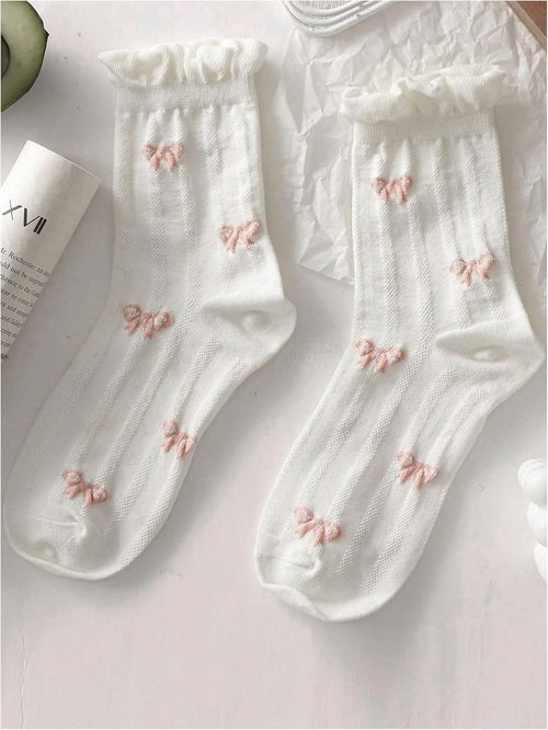 SHENHE Women's Crew Socks - Cute Ruffle Bow Print Design | 5 Pairs of Mid Calf Comfort