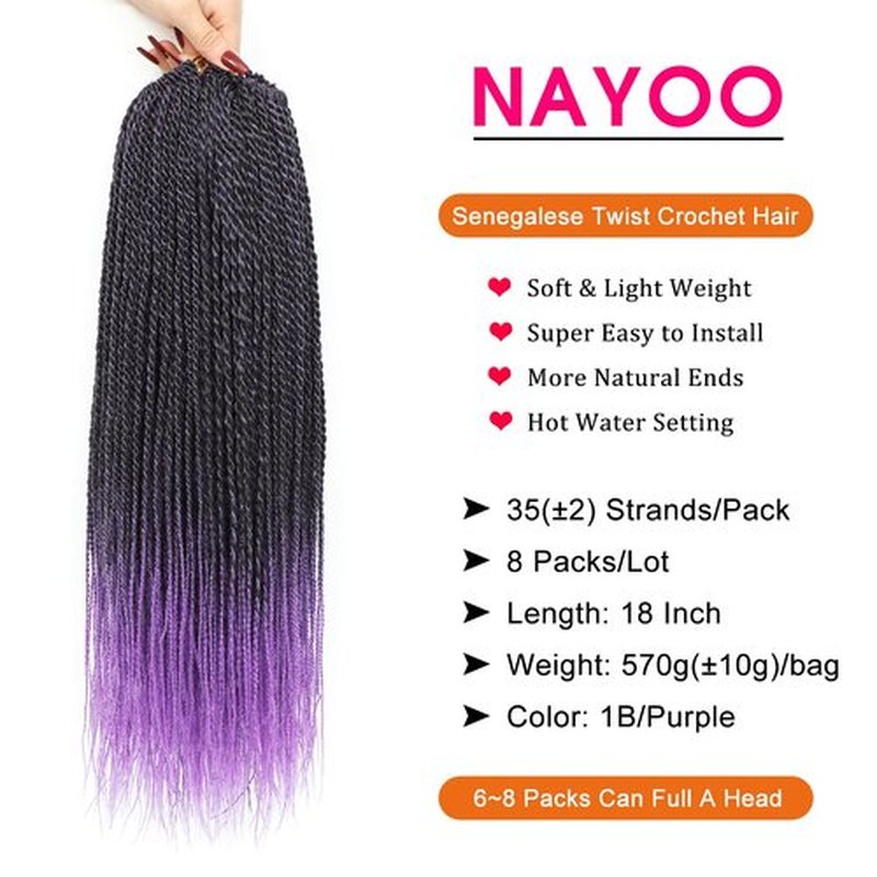 NAYOO Senegalese Twist Crochet Hair - 8 Packs 18 Inch Ombre Purple Crochet Hair For Black Women, 35 Strands/Pack Small Twist Crochet Braids Hair Hot Water Setting, Crochet Braiding Hair Straight Ends