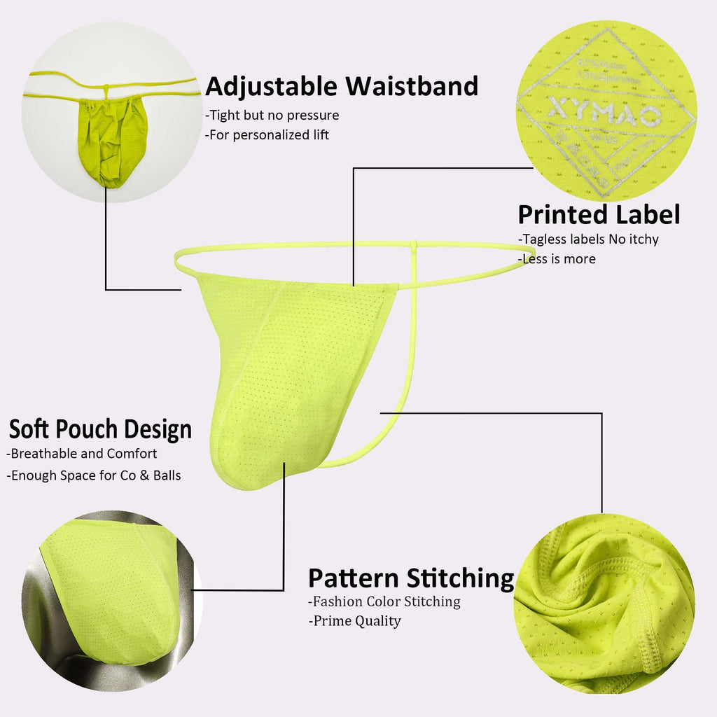 XYMAO Men's G String Thong for Man, Adjustable Bulge Pouch Male Thongs, Soft Breathable & Comfort Fit T Back Yellow