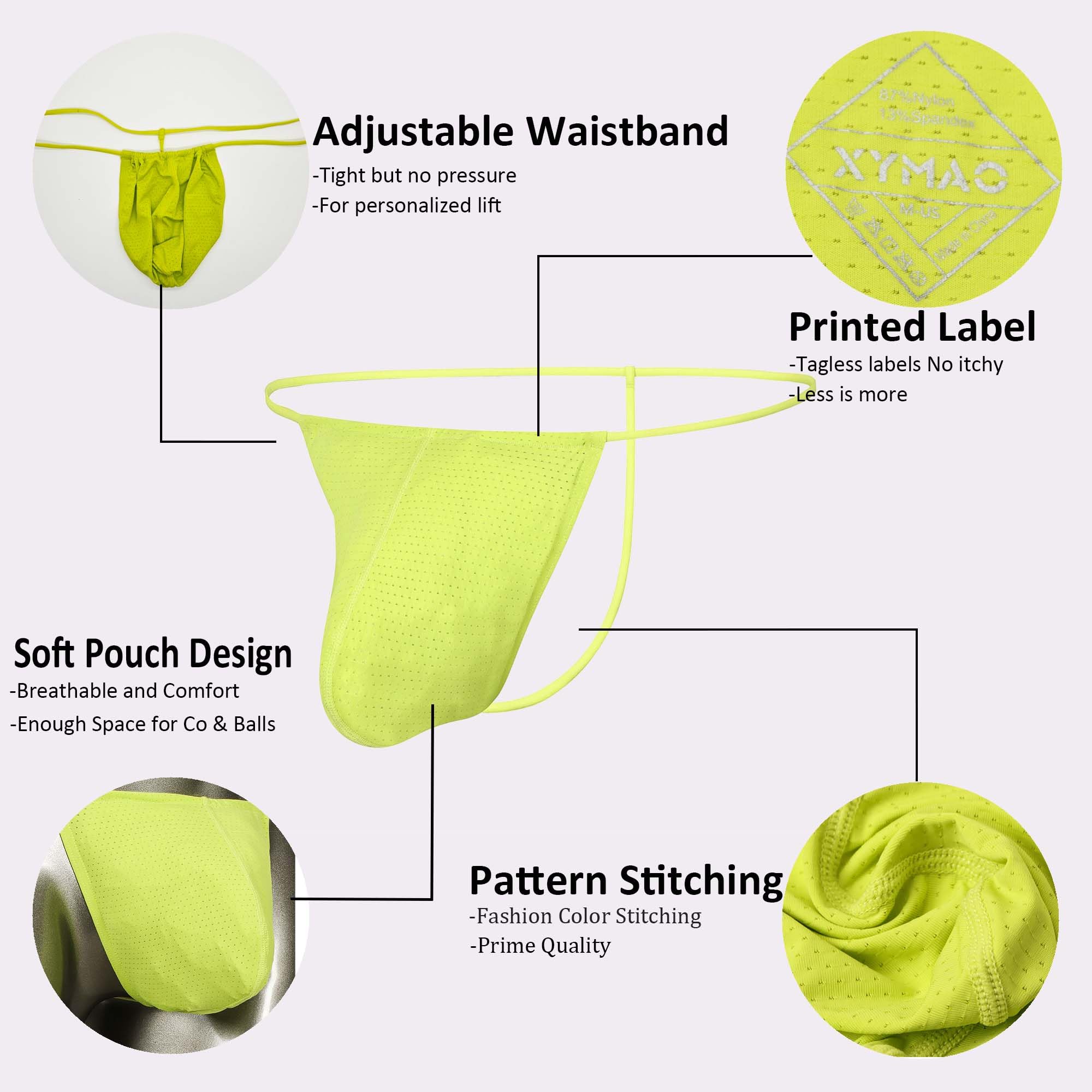 XYMAO Men's G String Thong for Man, Adjustable Bulge Pouch Male Thongs, Soft Breathable & Comfort Fit T Back Yellow