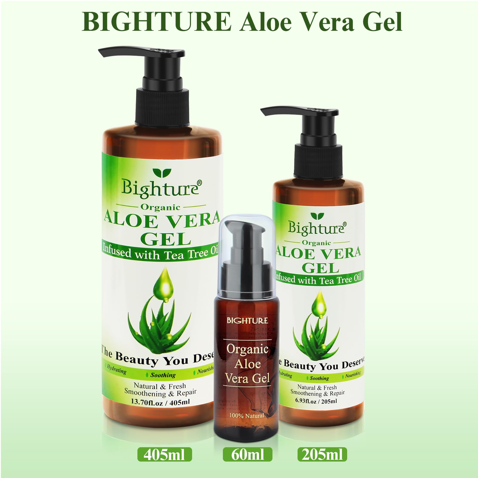 BIGHTURE Aloe Vera Gel with Tea Tree Oil for Face, Skin, Hair, Sunburn relief, Aloe Vera Gel from Freshly cut 100% Pure Aloe,13.7oz