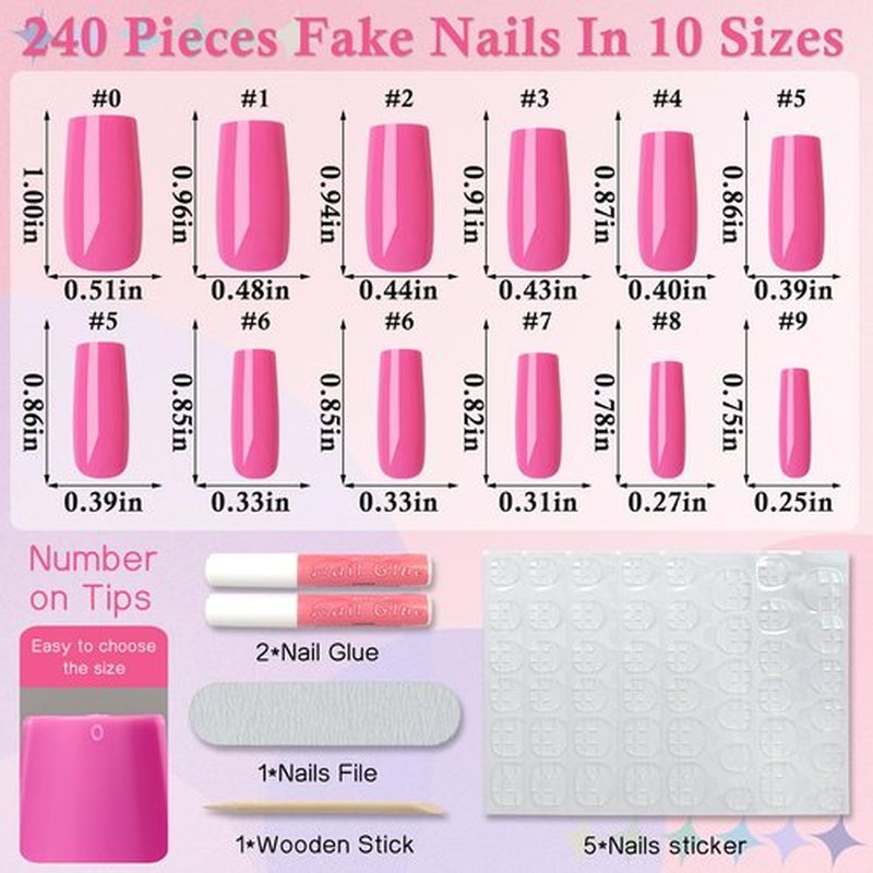 LuckForever 240pc Square Press on Nails Long Fake Nails Glue Press on Nails Square Nail Tips Full Cover Hot Pink Acrylic Nails Press ons Nail False Fingernail & Glue Adhesive Tabs for Women Girls