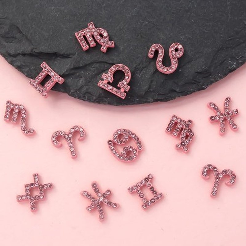 JERCLITY 48 Pieces Pink Gold Alloy Zodiac Nail Charms Zodiac Signs Nail Studs Constellation Words Charms for Nails Twelve Constellation Nail Charms Set for Women Girls Nail Art, JSP420