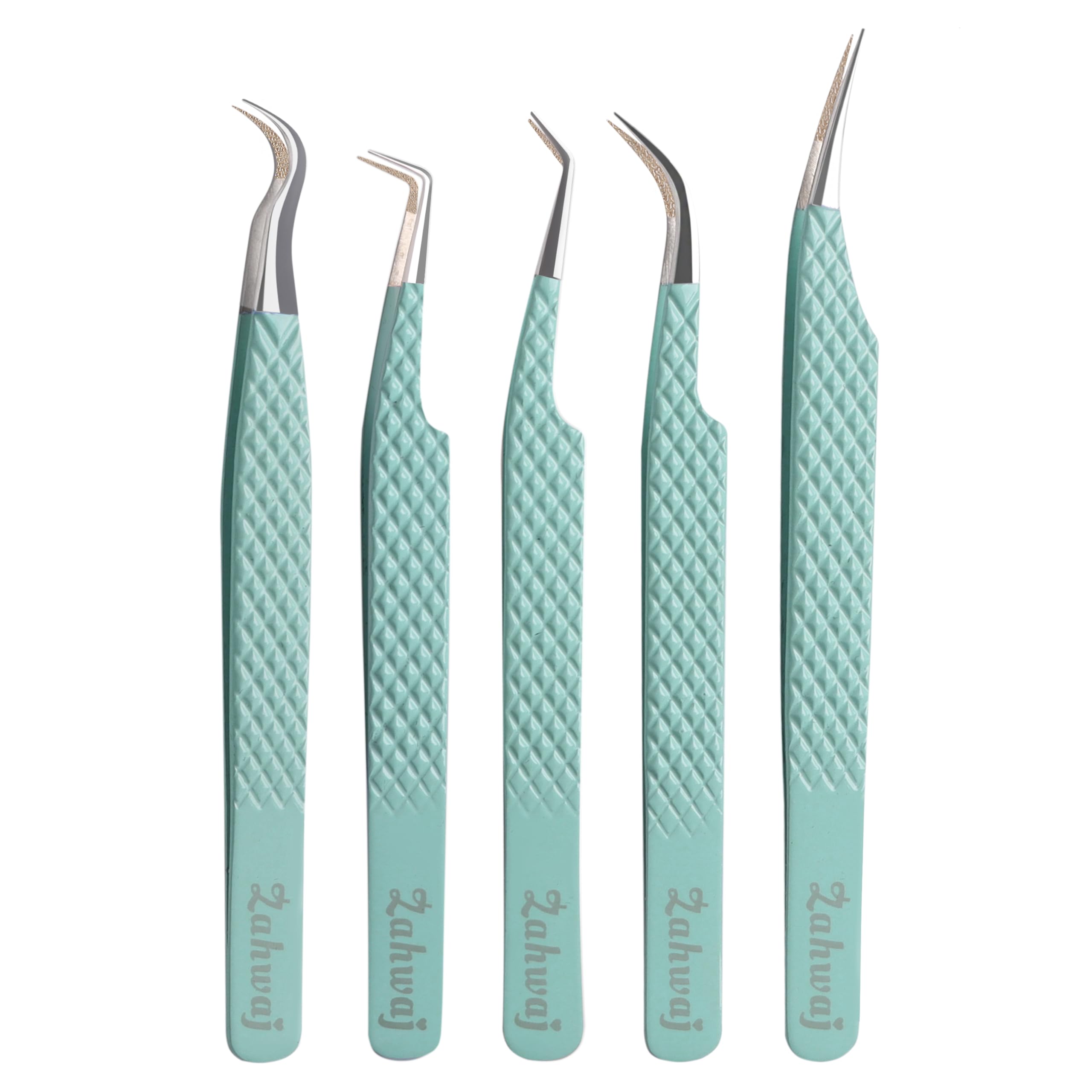 ZAHWAJ Fiber Tip Lash Tweezers - Set of 5 Diamond Grip Eyelash Extension Tweezers, Japanese Stainless Steel Tweezers Set for Volume, Isolation & Classic Lashes (Light Green)