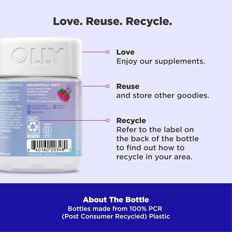 OLLY Relaxing Magnesium Gummies - Muscle Relaxation Support, Raspberry Lavender Flavor, 60 Count