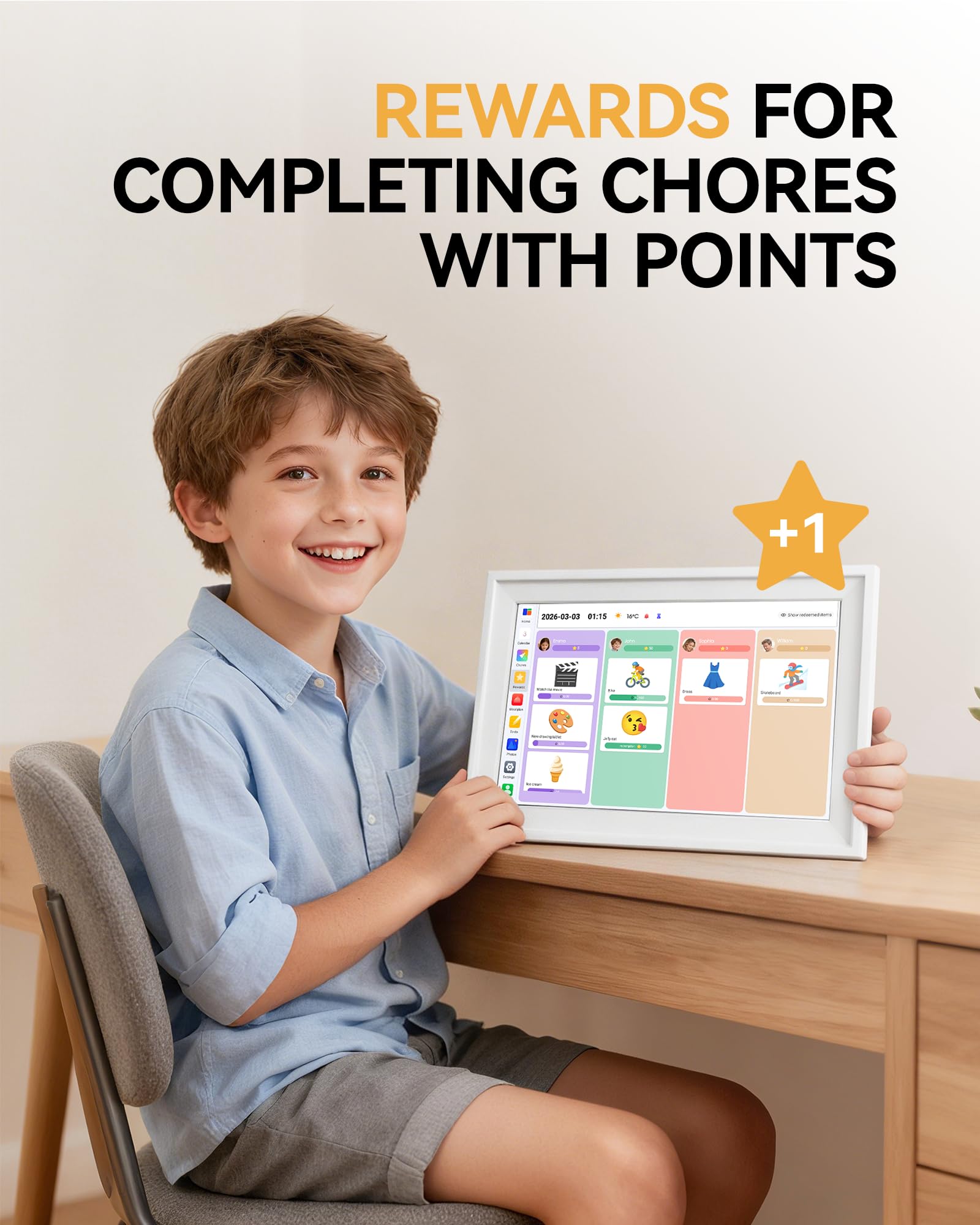 Yofidra 10.1" Digital Calendar, Smart Electronic Calendar with Chore Photo Meal Reward To-do Chart, Desk Planner for Family Schedule, Wifi Interactive Touchscreen Display with Stand, White, 32GB