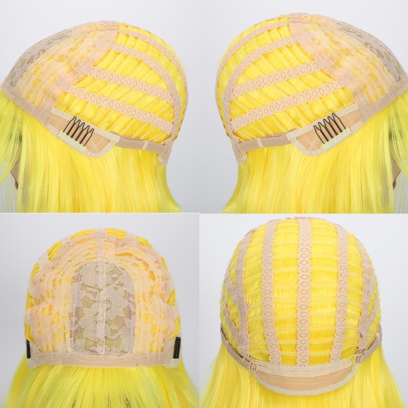 Yellow Short Bob Wig with Bangs, Synthetic Straight Hair Wigs for Women, 14 Inch Cosplay Costume Bob Wig (Yellow)