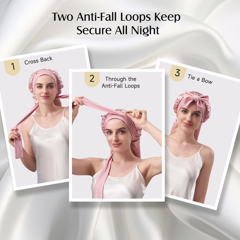 YFONG Double-Layered 100% Pure Mulberry Silk Bonnet for Long Hair, 22 Momme Silk Hair Bonnet for Sleeping with Elastic Tie Band, Real Silk Sleep Cap for Women Long Curly Hair, Pink