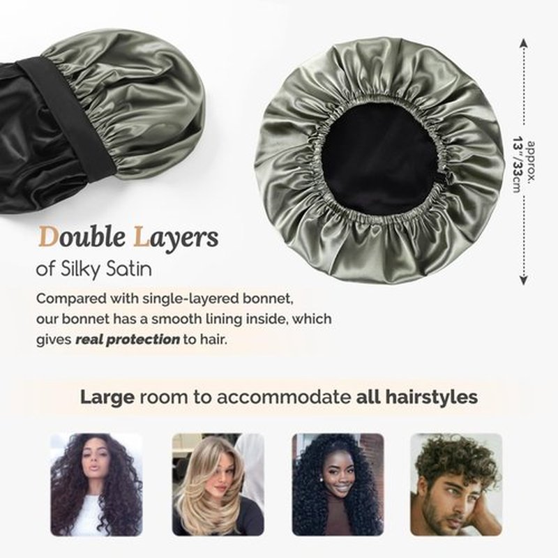 Hat Hut Satin Bonnet Silk Bonnet Sleep Cap for Women Hair Bonnet for Curly Hair Sleeping Adjustable Wide Band Double Layer (US, Alpha, One Size, Olive Green)