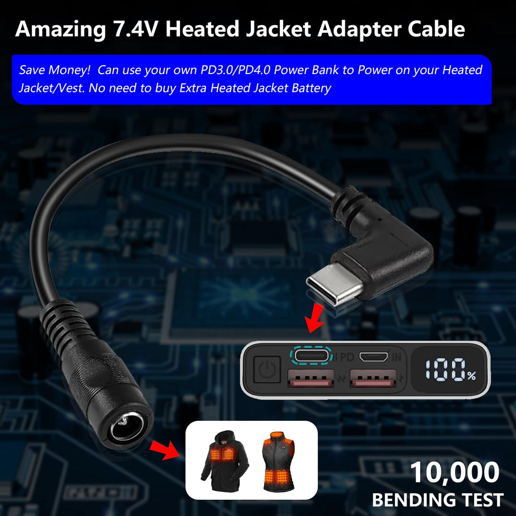 Wamlet 7.4V/9V Heated Jacket & Vest Battery Step-up Adapter Charger for ORORO,Venustas,WASOTO,Topdot,Gobi Heat Heated Jackets and Vests(Black)