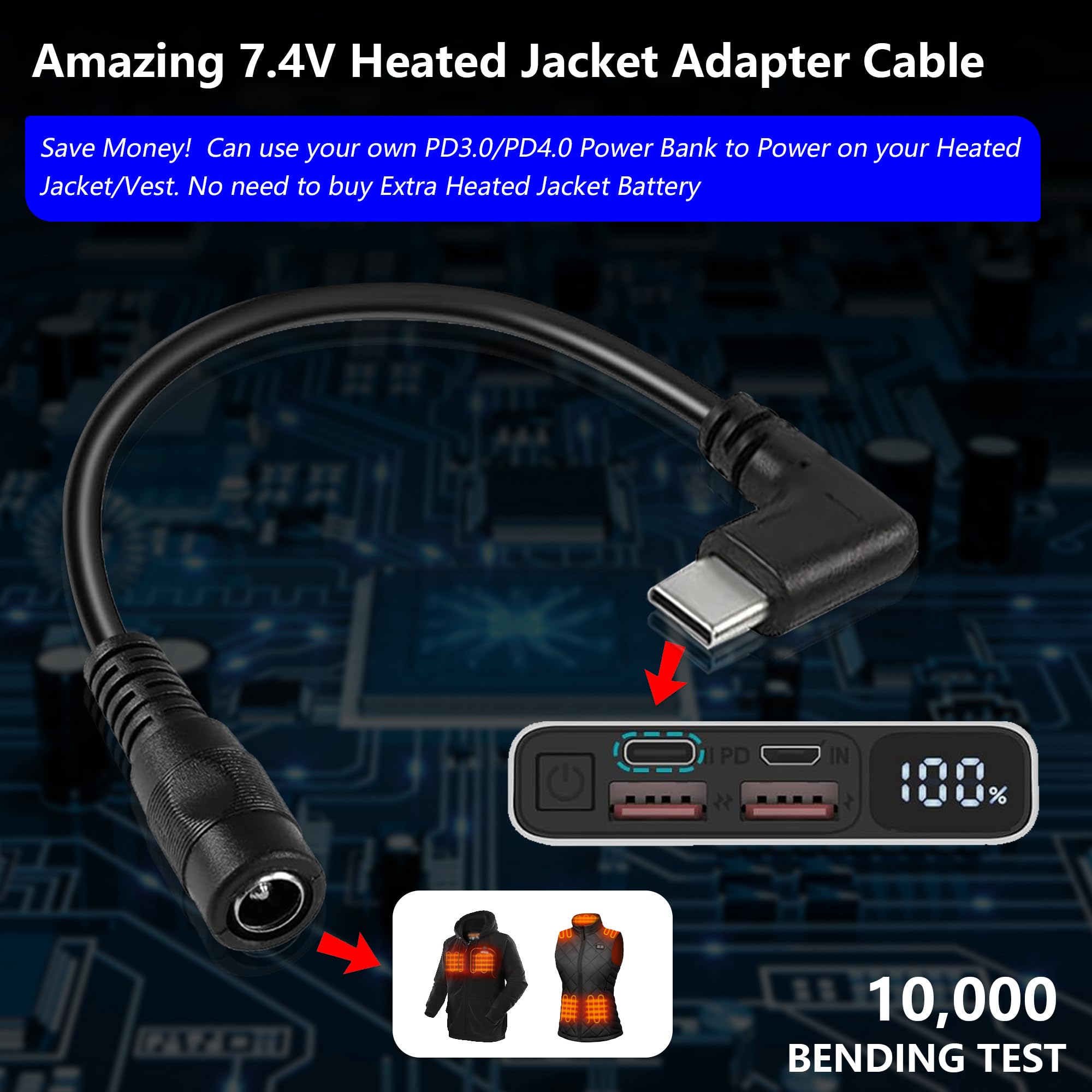 Wamlet 7.4V/9V Heated Jacket & Vest Battery Step-up Adapter Charger for ORORO,Venustas,WASOTO,Topdot,Gobi Heat Heated Jackets and Vests(Black)