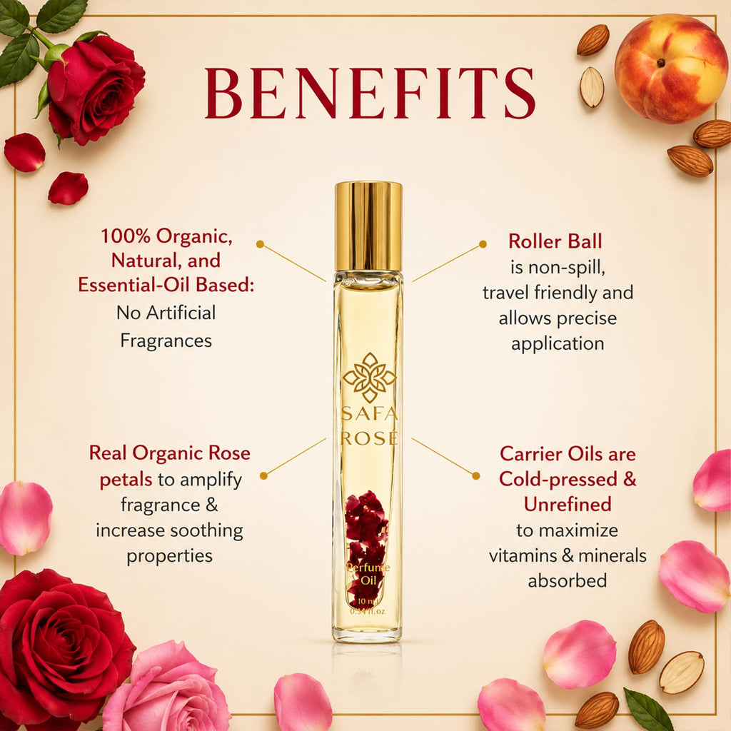 SAFA Rosé Organic Rose Oil Perfume Roller | Bulgarian Damask & Indian Rose Petals | 10 mL Long Lasting Perfume Oil for Women & Men | Non-Toxic, Alcohol-Free & Travel Friendly
