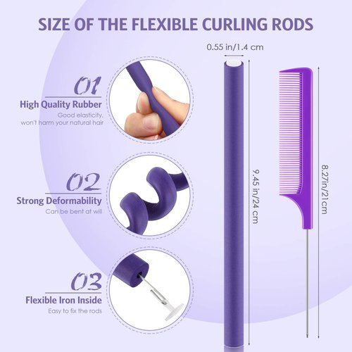 Syhood 30 Pcs Flexible Curling Rods 9.45 Twist Foam Rollers Soft Foam No Heat Hair Rods Rollers and 1 Steel Pintail Comb Rat Tail Comb for Women Long Short Hair(Purple,9.45 x 0.55 Inch)