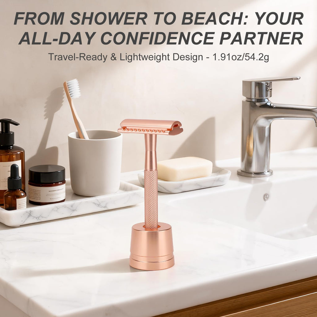 KAIYULUN Safety Razor with Stand for Men & Women - Double Edge Single Blade Razor, One Blade Razor with 10 Blades & Metal Stand - Reusable Mens & Womens Shaving Razor (Complete Kit)-Rose gold