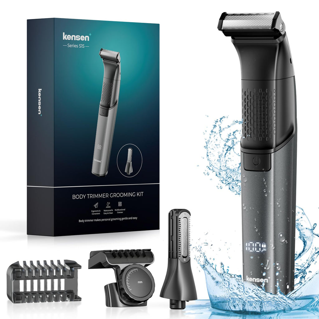 kensen Body Hair Trimmer for Men - Groin & Pubic Hair Trimmer, 2-in-1 Professional Dual-Head Body Shaver for Beard Armpit Ball Shaver IPX6 Waterproof Wet/Dry Use Rechargeable Groomer Kit (Black-2)