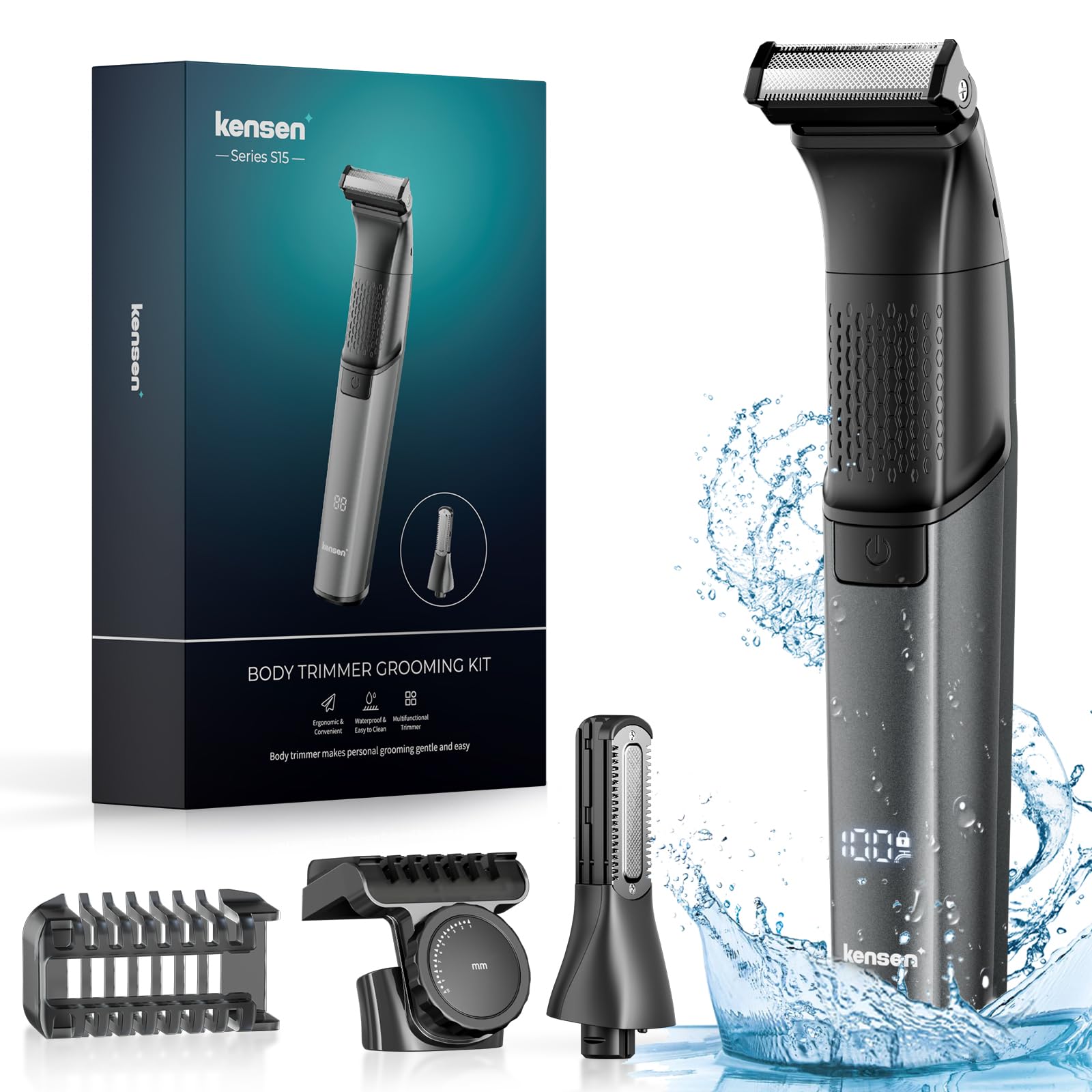 kensen Body Hair Trimmer for Men - Groin & Pubic Hair Trimmer, 2-in-1 Professional Dual-Head Body Shaver for Beard Armpit Ball Shaver IPX6 Waterproof Wet/Dry Use Rechargeable Groomer Kit (Black-2)