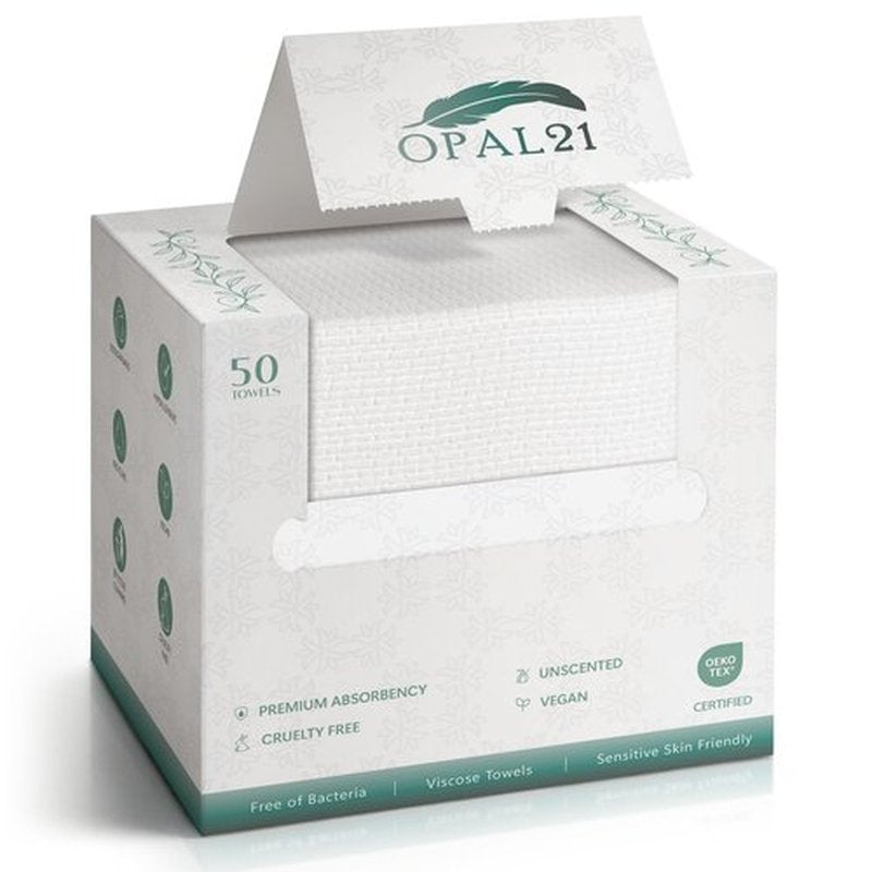 Opal21 100% Viscose Face Towels, 10” x 12” Ultra Soft & Skin Friendly Face Cloths for Washing Face, 90GSM Luxury Care Towelettes for Unisex, Makeup Remover Facial Towels, 50 Count, 1 Pack