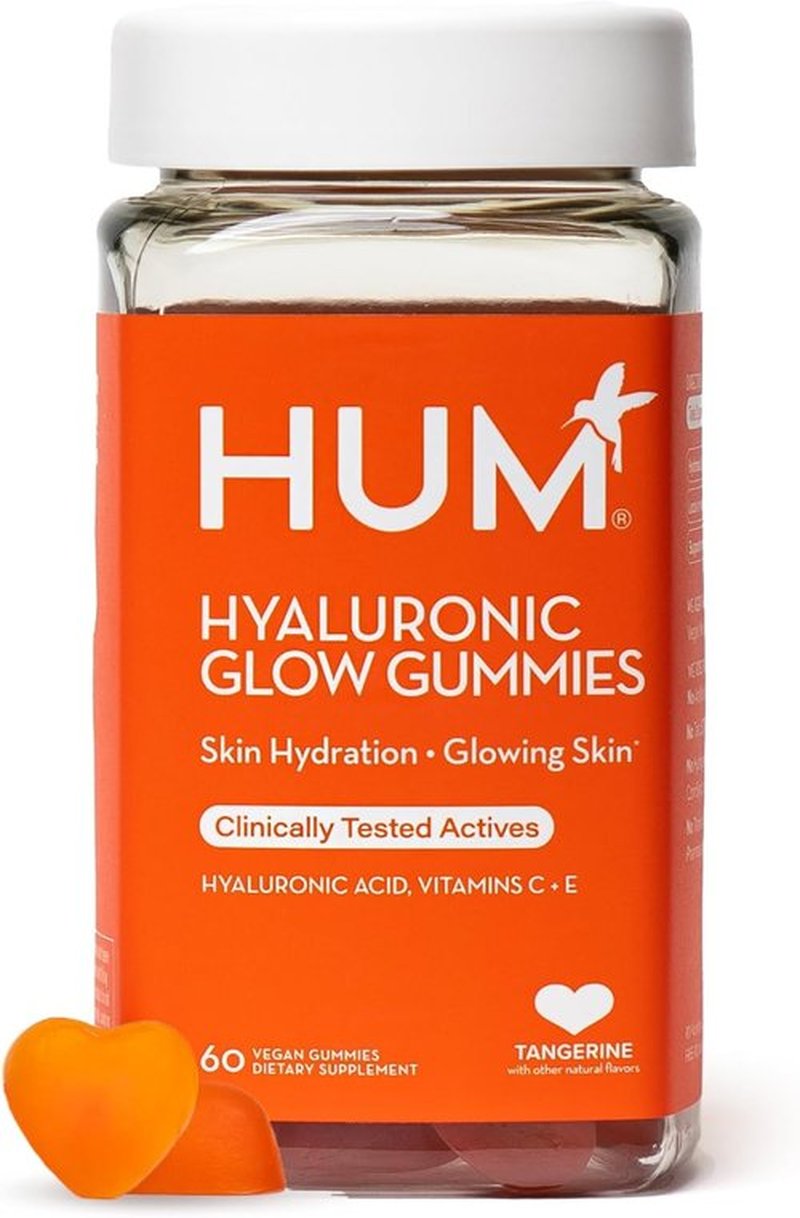 HUM Hyaluronic Glow Hydrating Skin Care Supplement - Vegan Gummies with Low Molecular Hyaluronic Acid & Vitamin C | Tangerine Flavor, 60 Count