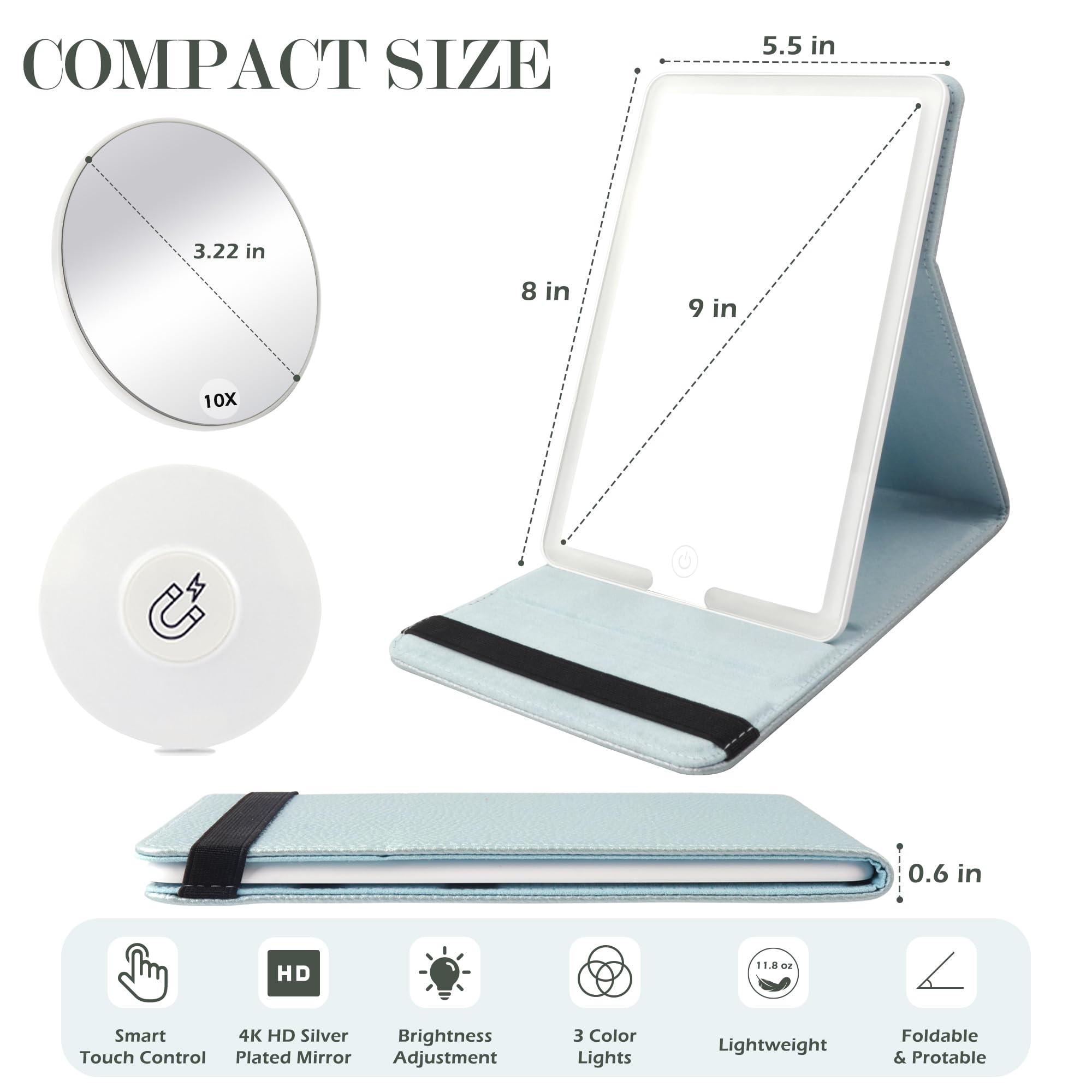 WangSelect Travel Mirror with Light Ultrathin Portable Travel Makeup Mirror Rechargeable 2000mAh and 3 Color Settings Lighted Vanity Mirror Include 10X Magnifying Mirror&Tweezers Set -Ice Blue