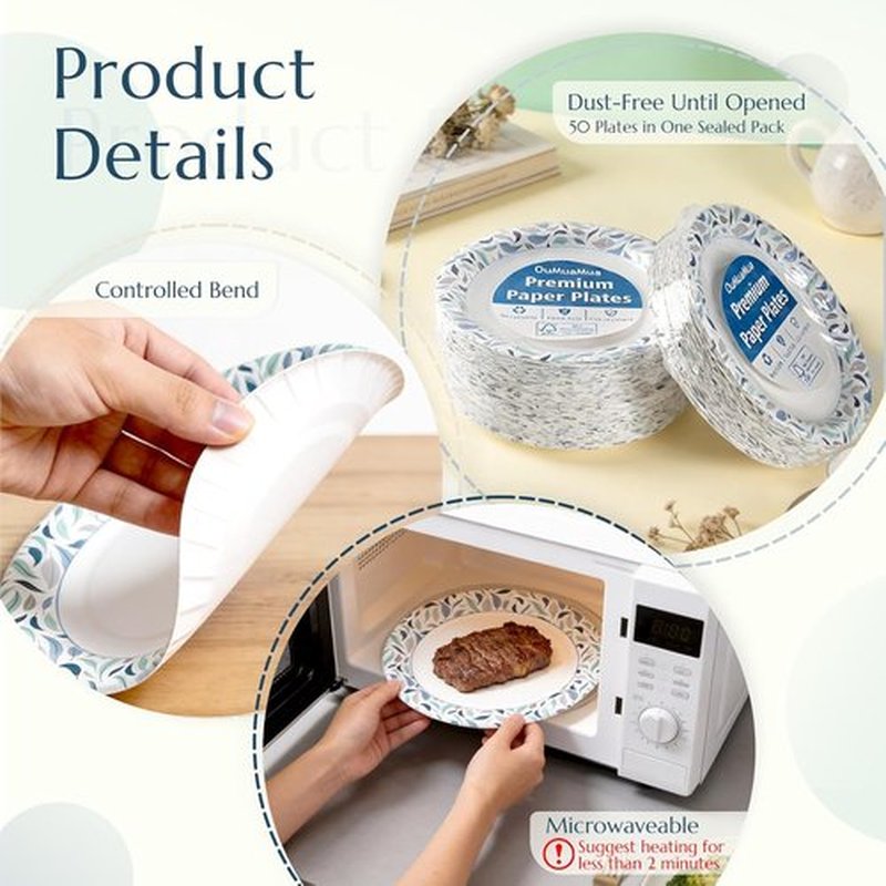 OuMuaMua 8.5 Inch Disposable Paper Plates - 300 Count, Soak Proof & Microwave Safe for Everyday Use