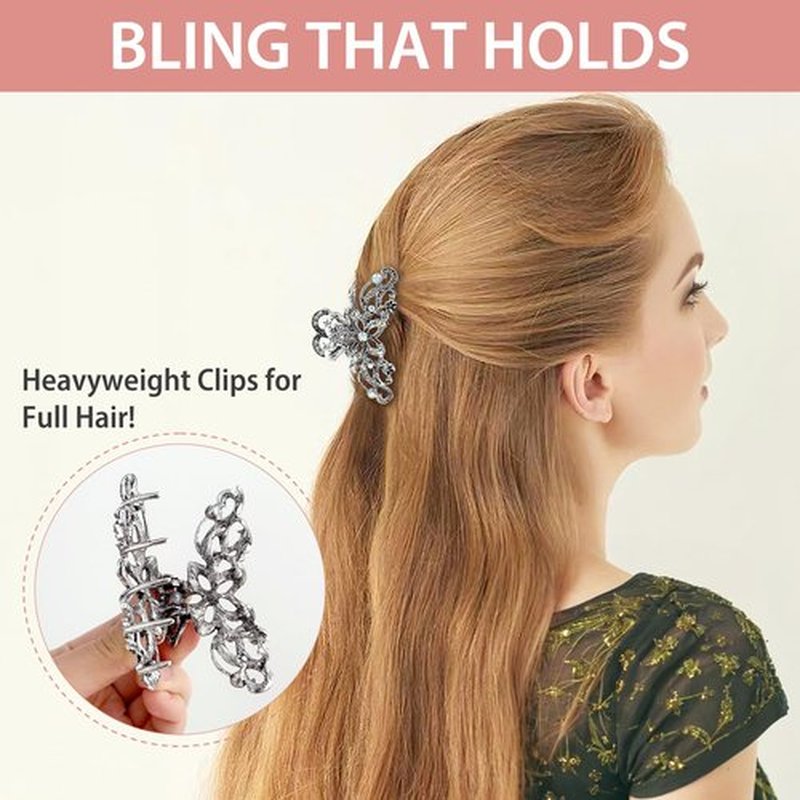 kilofly 3pc Vintage Crystal Hair Claw Clips Long Thick Hair Metal Clamps