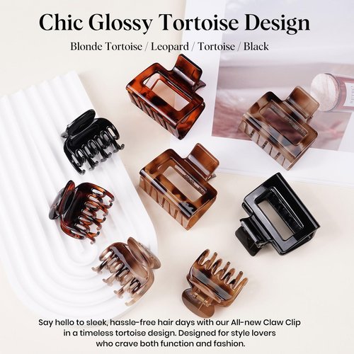 Oeusnael 8 PCS Medium Hair Clips for Women Girls - 2 Styles Rectangle and Double Row Teeth Small Claw Clips for Thin Thick Hair, Strong Hold Jaw Clips Stylish Leopard Print Hair Accessories, Tortoise
