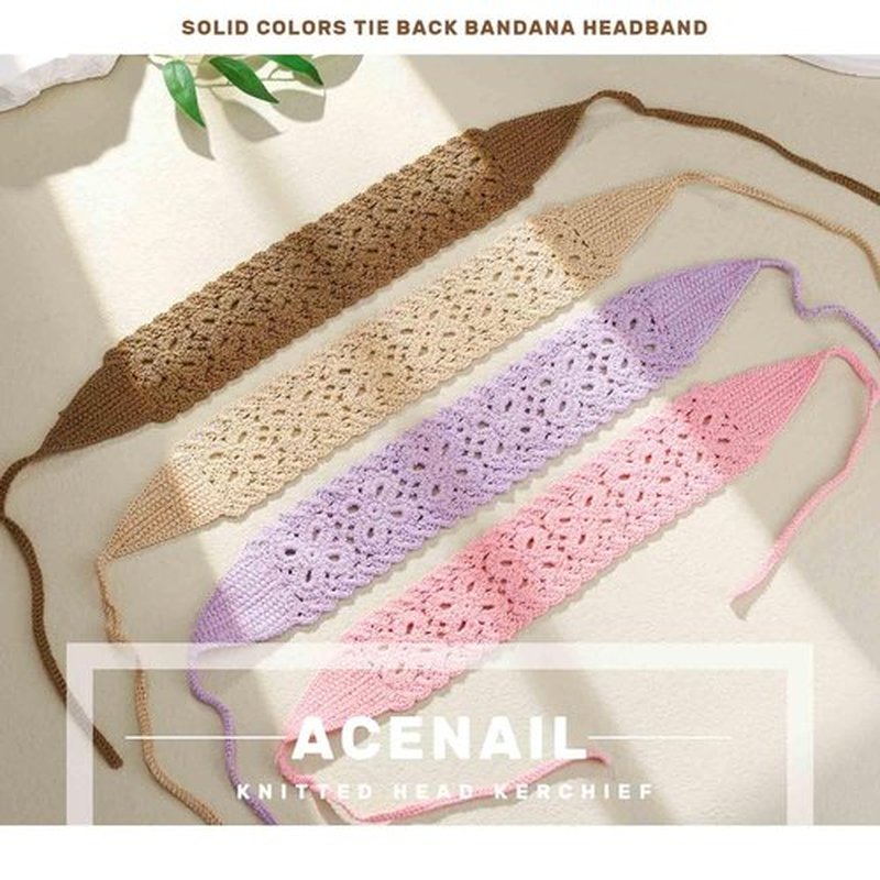 Acenail Boho Headbands Crochet Hair Bandanas Head bands Hippie Hair Scarfs Tie Back Head Kerchief Knitted Hairband Bohemian Headwrap Floral Hair Accessories for Women (Solid Color)