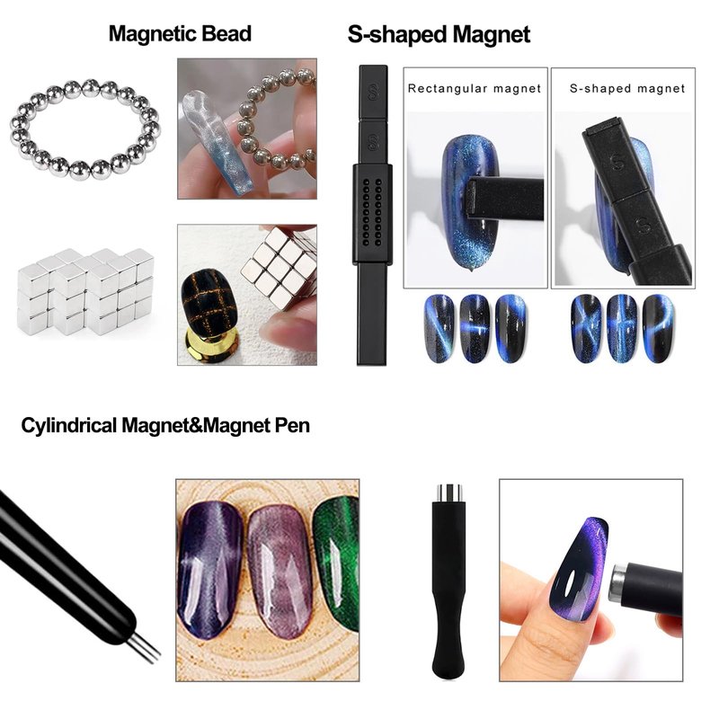 XEAOHESY 60 Pieces Cat Eye Magnet for Nails Magnetic Beads Cube Magnet Multi-Functional Nail Magnet Wand Magnet Stick Magnetic Pen 9 Nail Magnet Plates With Different Patterns for Cat Eye Nail Polish