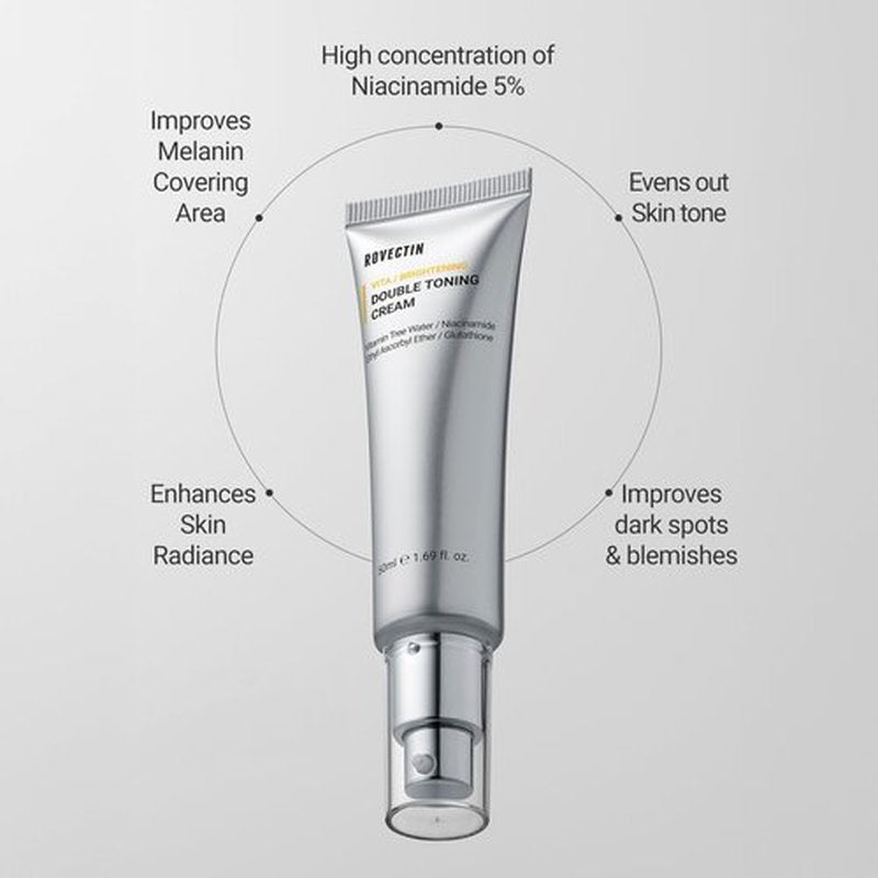ROVECTIN Vita Double Toning Cream 1.69 fl oz, 50ml –Hydrating, Glutathione & Niacinamide Face Cream for Dark Spots, Uneven Skin Tone, Sensitive Skin – Vegan, Lightweight, Non-Irritating