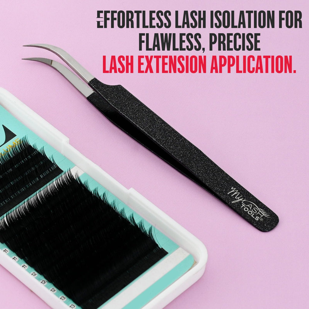 My Lash Tools Curved Classic Fiber Tip Lash Tweezers – 12cm Eyelash Extension Tweezer with Fine Curved Nano Grip Tip, Stainless Steel, Non-Slip Handle (Black)