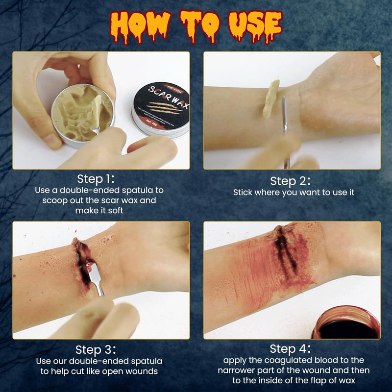 VOLLUCK Halloween Makeup kit - Fake Blood Washable + Liquid Latex + Scar Wax with Spatula Tool + Fake Blood Spray + 2 Stipple Sponge