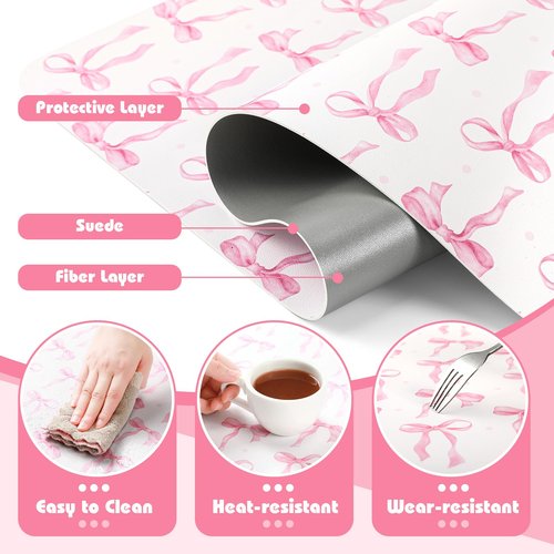Teenyyou Coquette Bow Makeup Mat for Vanity Top Protector, Valentine Dual Sided Leather Vanity Waterproof Desk Pad Dressing Mat Nonstick Gifts for Women Home Office Decor(Pink,15.7" X 31.5")