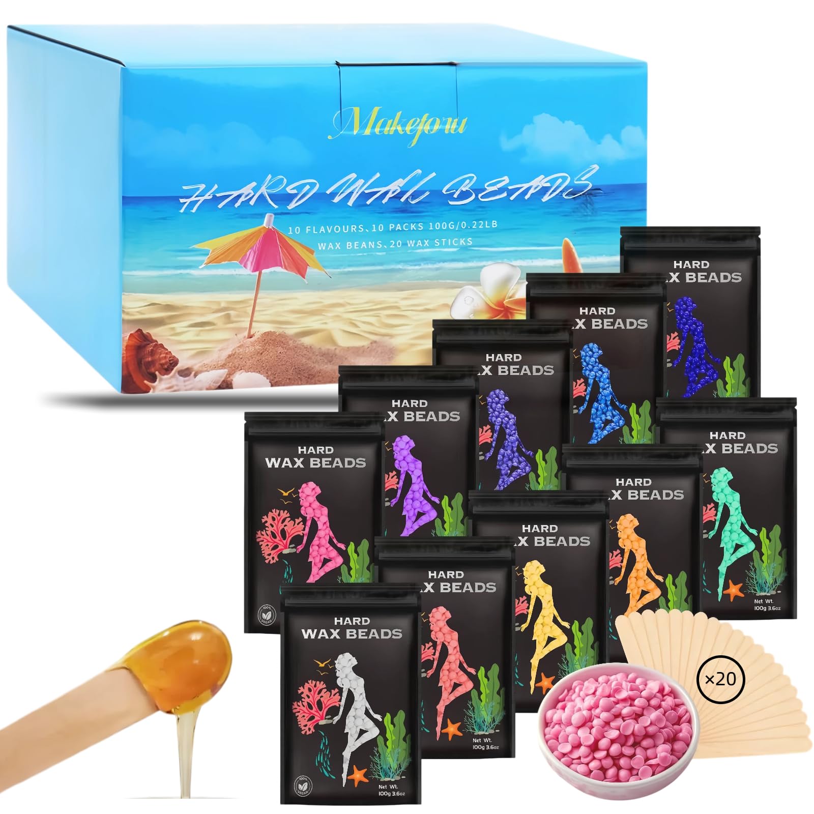 Hair Removal Wax Beads 2.2lb (1000g), Waxing for Whole Body, Painless Hair Removal Waxing for Women and Men, 10 Flavours, Contains 20 Wax Sticks