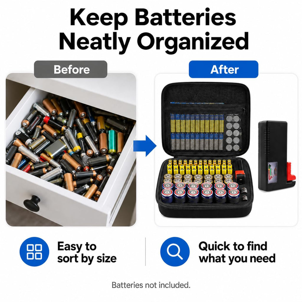 Comecase Battery Organizer Storage Case with Tester, Hard Battery Holder for AA AAA C D Button Cells, Holds 80 Batteries, Portable Batteries Box for Drawer Garage Home Emergency Supplies, Case Only