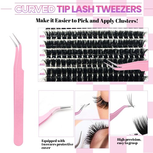 Qiveaory DIY Lash Clusters Kit with 630pcs Lashes Clusters,1X/2X Magnification Compact Mirror with Light,Lash Bond and Seal,Eyelash Remover Tweezers Applicator Mascara Brush(60-80-100-150D)