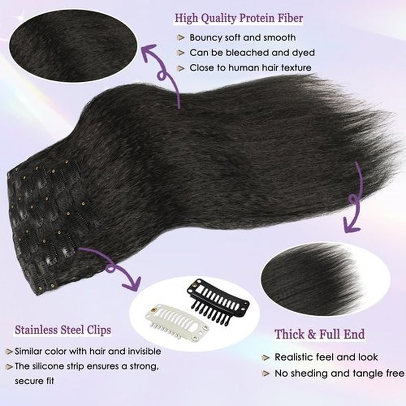 HAFTALUV Kinky Straight Clip in Hair Extensions 130g 6Pcs Protein Fiber Close to Human Hair Clip in for Black Women Full Head Double Weft 20inch 1B