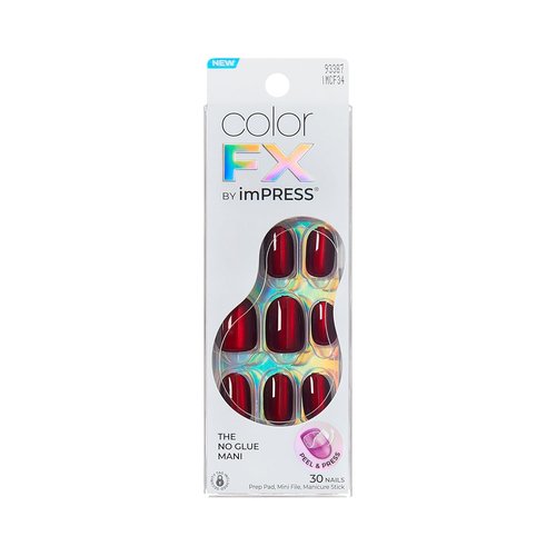 Kiss Impress No Glue Mani Press On Nails - ColorFX 'Hidden Gem' Red Oval Shape, Short Size, 30 Nails Included